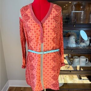 Gypsy 05 Boho Global Village Tunic Dress M Red Print Crochet Back 100% Rayon